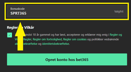 Placering af Bet365 bonuskoden SPRT365 i bonuskodefeltet