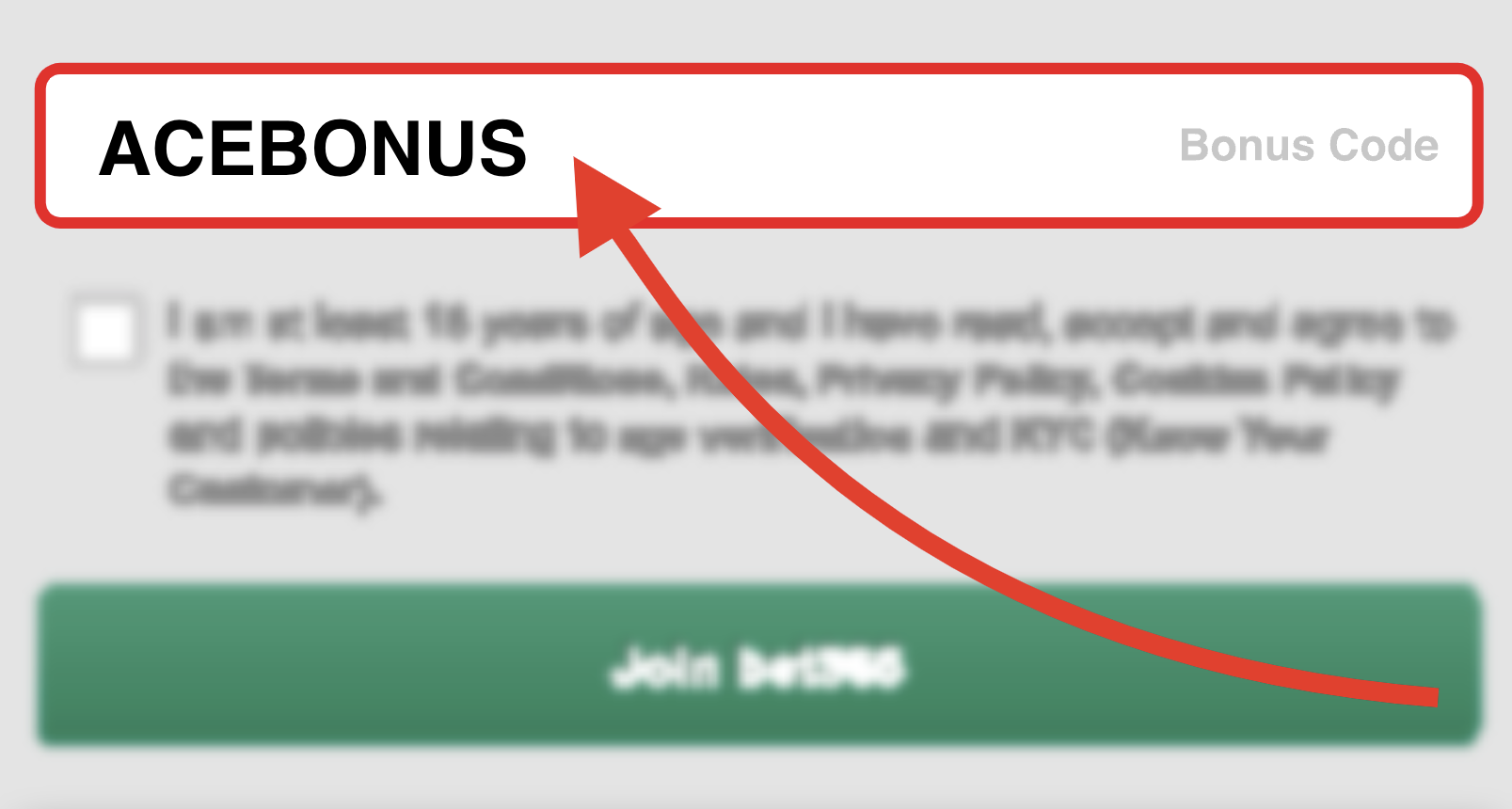 The bet365 bonus code field shown during mobile registration - ACEBONUS