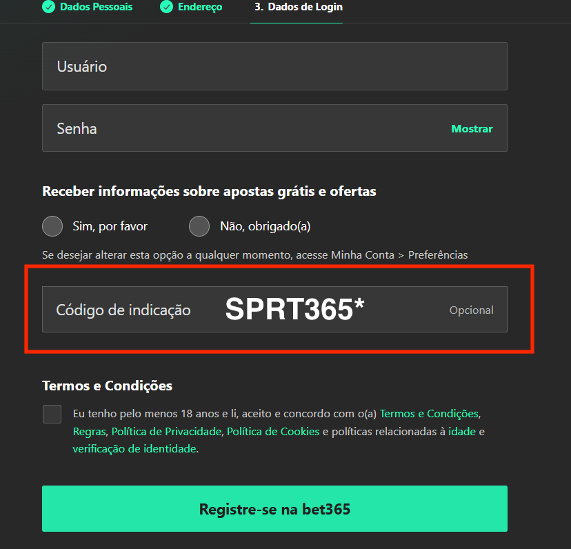 Print do campo para inserir o código de indicação bet365 durante o registro