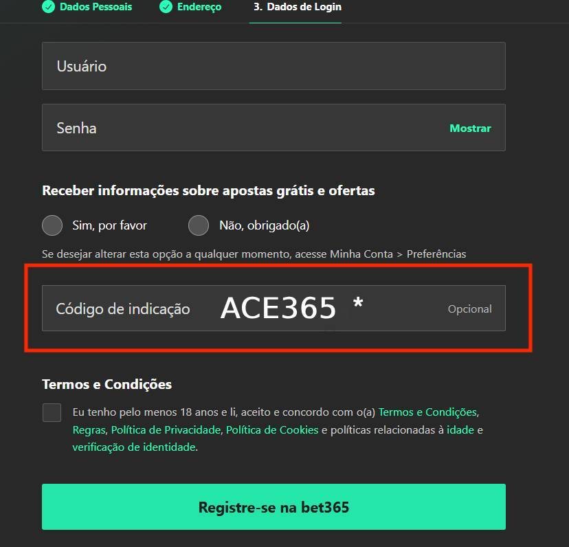 Print do campo para inserir o código de indicação bet365 durante o registro