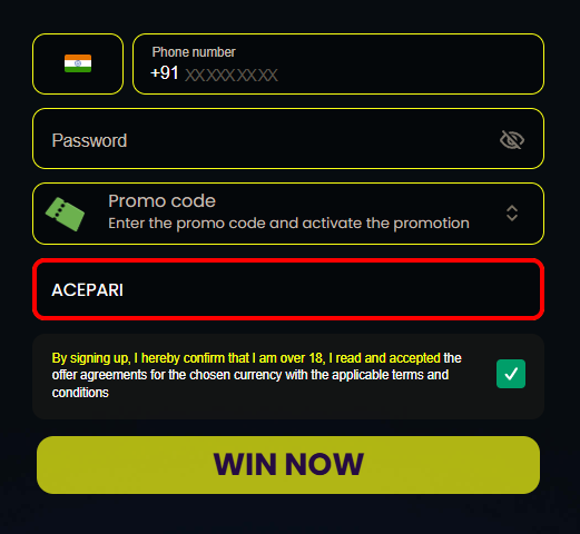 Screenshot of Parimatch registration form with the bonus code ACEPARI being applied