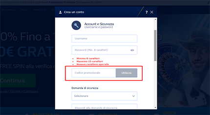 Registrazione con codice promozionale William Hill
