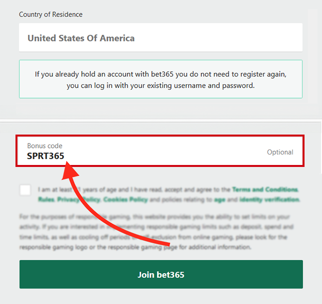 The bet365 bonus code field shown during desktop user registration in the United States  - SPRT365