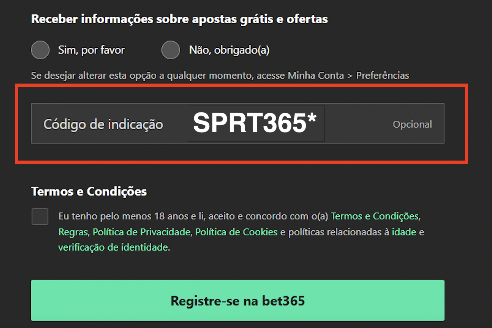 Localização da caixa do código de bônus Bet365 - SPRT365